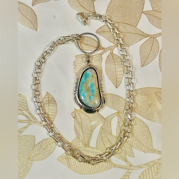 Jewelry - VTG Native American Sterling Silver Turquoise Pendant Paperclip Necklace 24 G